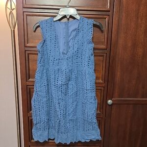 Elegant Blue Eyelet Mini Dress / Romper With Pockets Womens Small